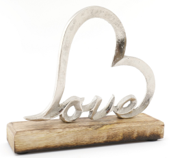Srdce Love na dřevěném podstavci, 17x15 cm